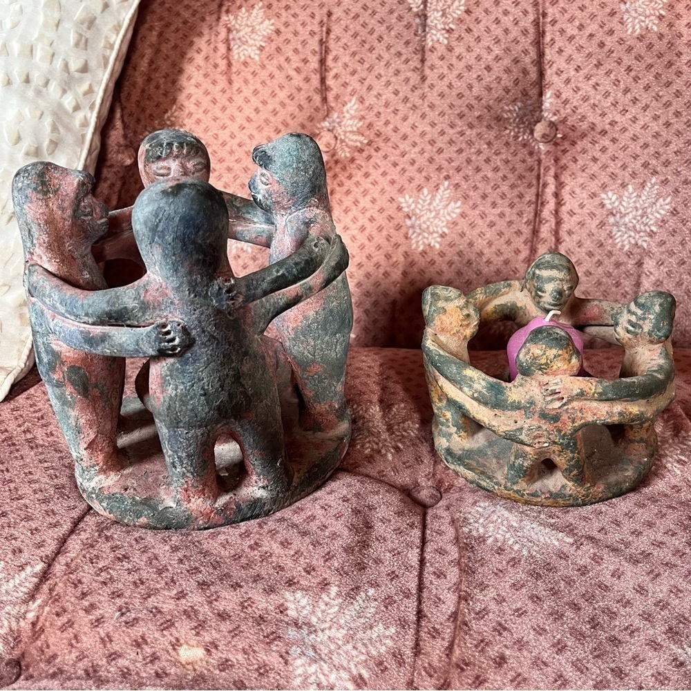 Vintage Aztec/Mayan Circle of Friends Terracotta Clay Candle Holder Set - Picture 2 of 10
